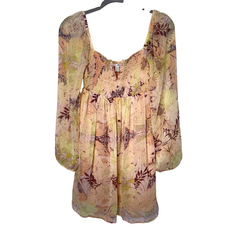 Amuse Society Mini Dress Floral Smocked Long Sleeve Boho Size S - Picture 2 of 8
